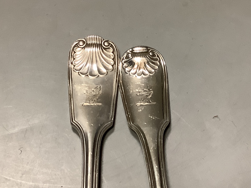 A part service of Georgian and later silver fiddle, thread and shell pattern flatware, approx 41oz